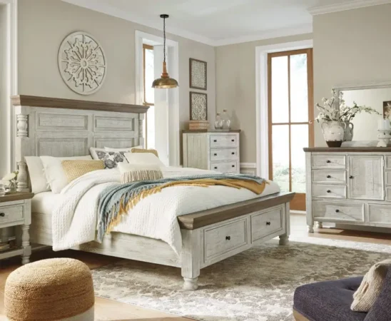 Cozy bedroom with rustic furniture and sunlight.