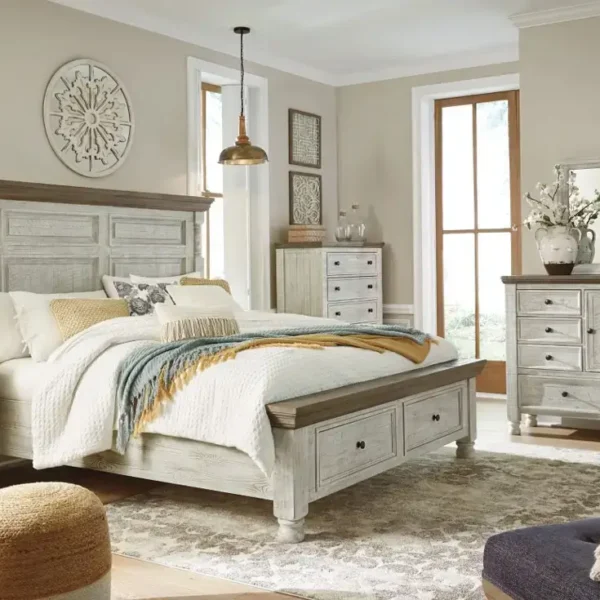 Cozy bedroom with rustic furniture and sunlight.