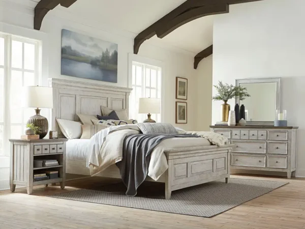Cozy bedroom with rustic wooden furniture set