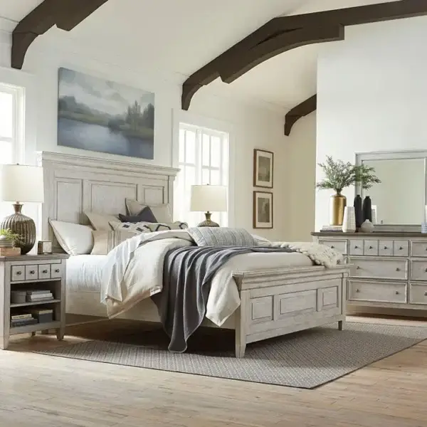 Cozy bedroom with rustic wooden furniture set