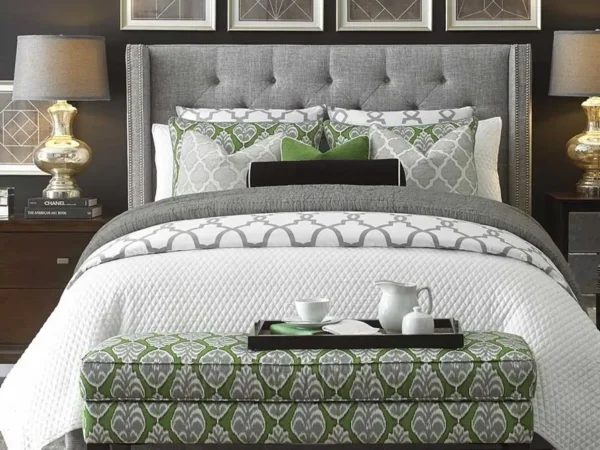 Elegant bedroom with green and white decor