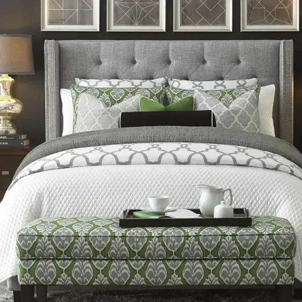 Elegant bedroom with green and white decor