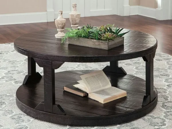 Wooden coffee table with books and decor.