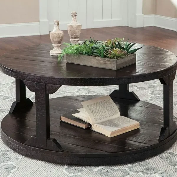 Wooden coffee table with books and decor.