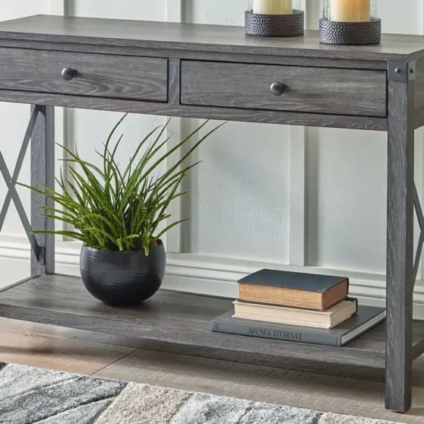 Gray console table with plants and books