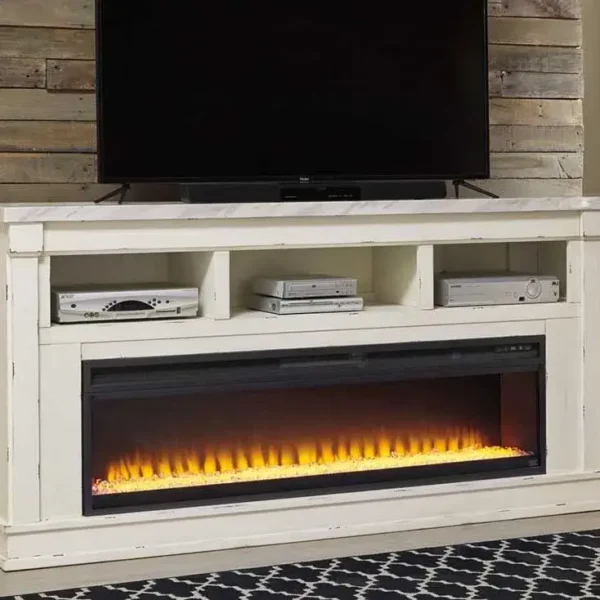 White fireplace TV stand with black screen