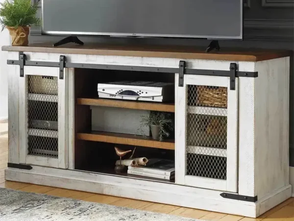 Rustic TV stand with sliding barn doors.