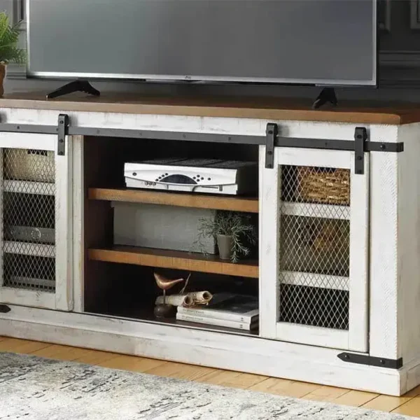 Rustic TV stand with sliding barn doors.