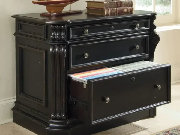 Black wooden file cabinet with open drawer