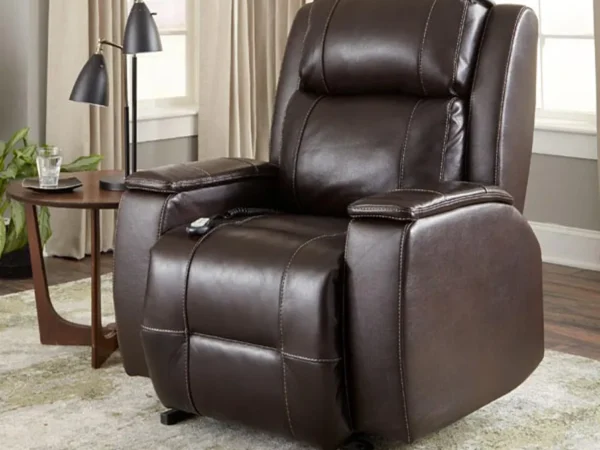 Brown leather recliner chair in a cozy living room.