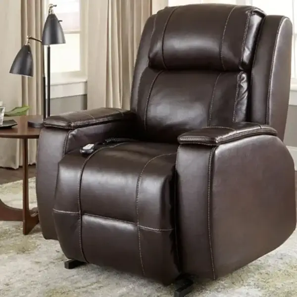 Brown leather recliner chair in a cozy living room.