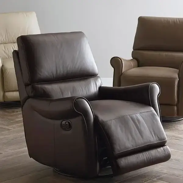 Three leather recliner chairs in various colors.