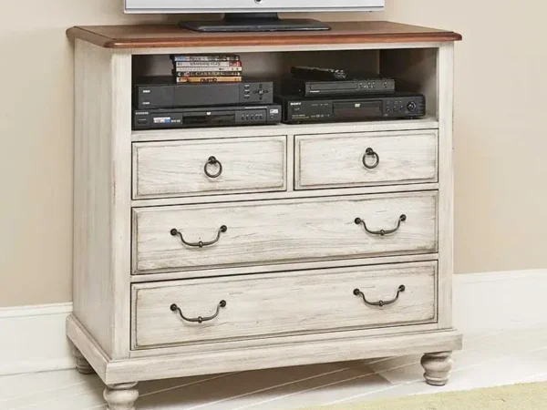 Vintage white dresser with TV and electronics