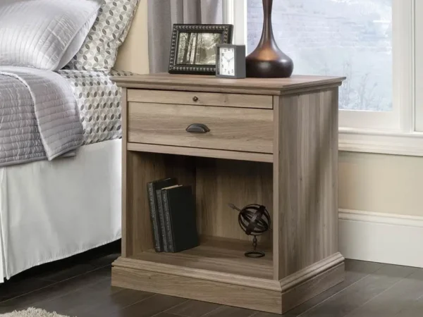 Wooden nightstand with drawer and open shelf.