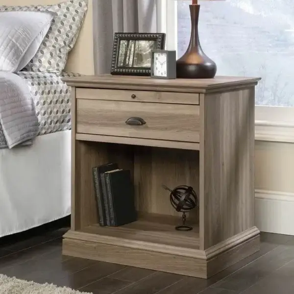 Wooden nightstand with drawer and open shelf.
