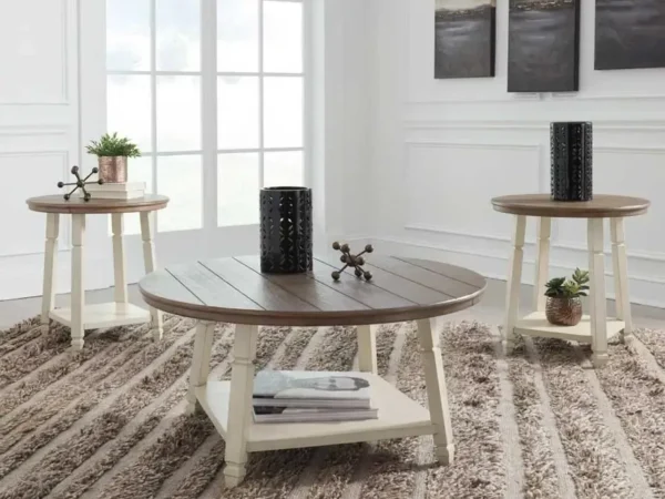 Modern wooden coffee and side tables in living room.