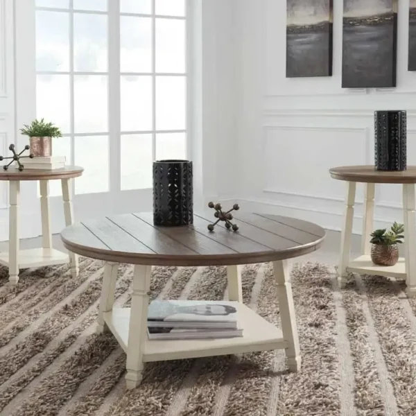 Modern wooden coffee and side tables in living room.