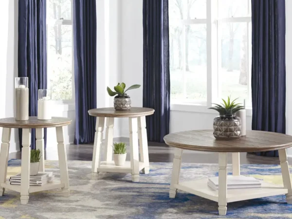 Round wooden coffee tables with plants and decor.