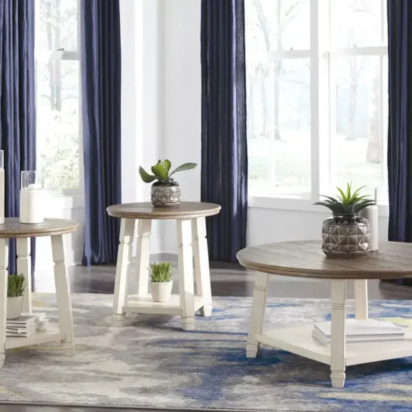 Round wooden coffee tables with plants and decor.