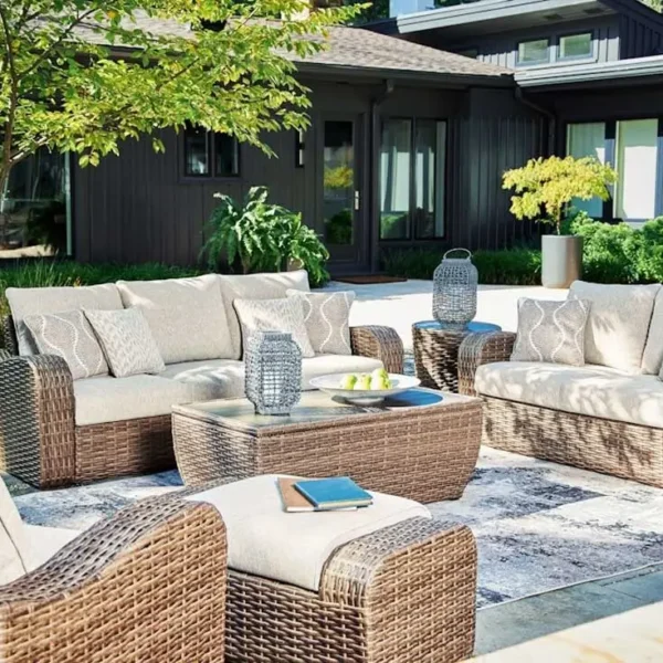 Cozy outdoor patio with wicker furniture.