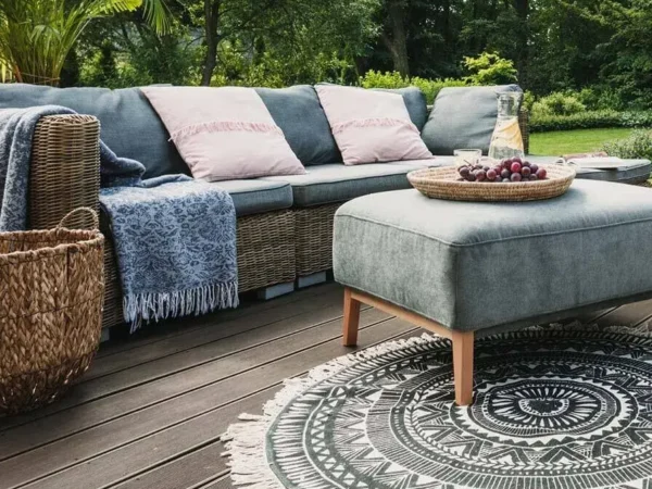 Outdoor patio with sofa, ottoman, and decorative rug.