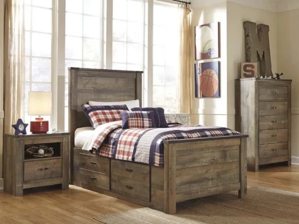 Rustic children's bedroom with plaid bedding.
