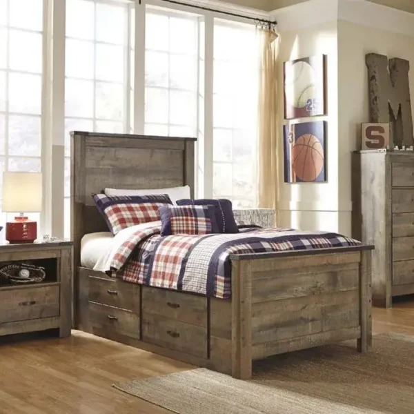 Rustic children's bedroom with plaid bedding.