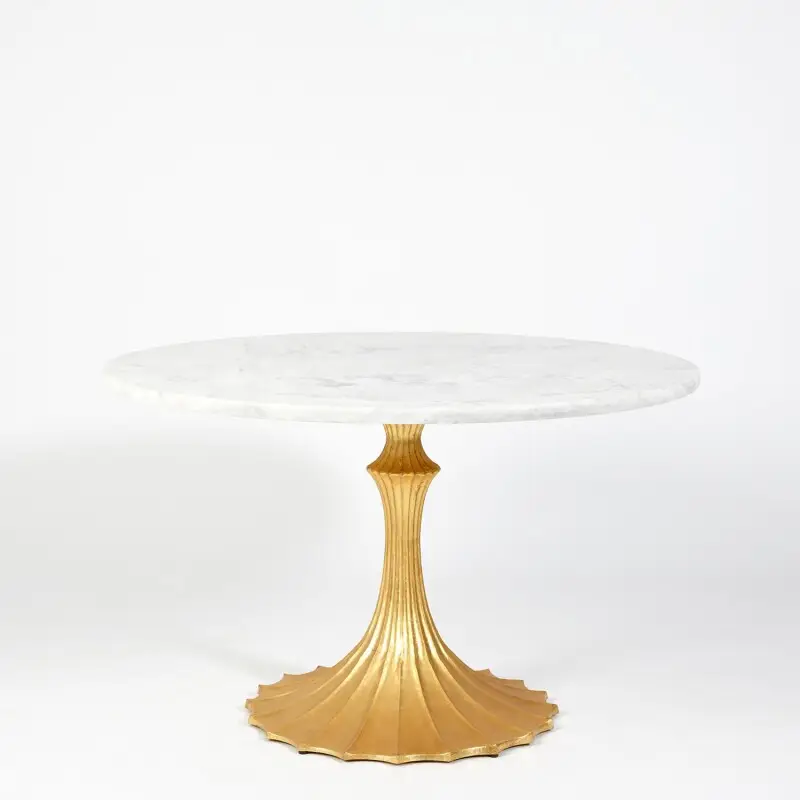 05789a419ce02eb11c19667573cc80d4 Flute Table 48 White Marble Top W/26 Gold Leaf Base - Image 1