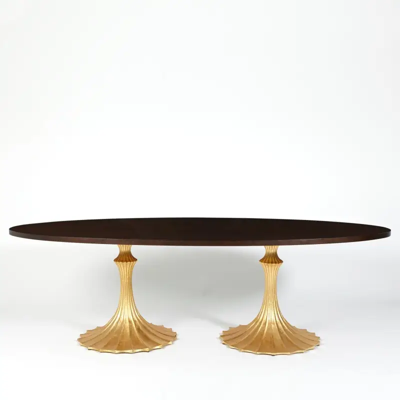 6e2859873e079501b7691ddf4c08be64 Flute Table 96 Walnut Top W/26 Gold Leaf Base - Image 1