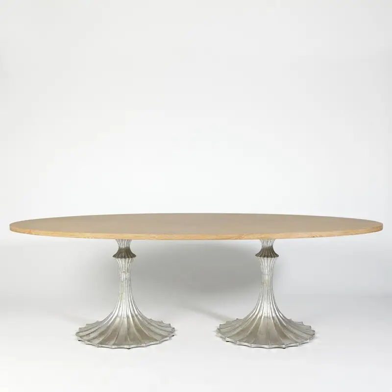 a7260054caa121d5bae97e6d8e91ddf9 Flute Table 96 Cerused Oak Top W/26 Silver Leaf Base - Image 1