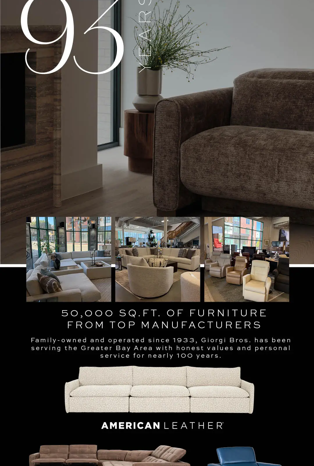 Giorgi Bros. furniture store celebrating 93 years with interior displays.