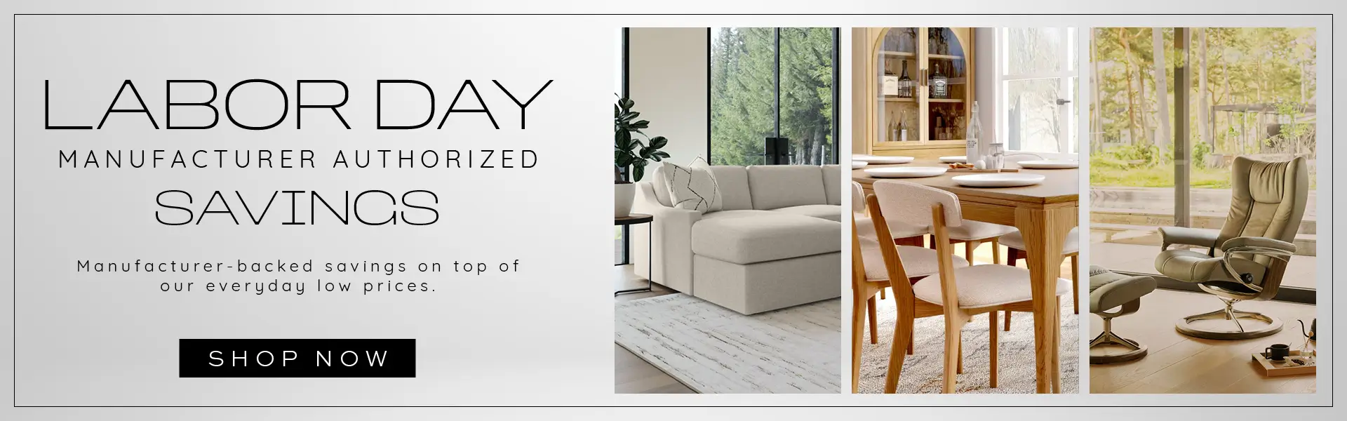 Labor Day furniture sale banner with couch, table, and recliner. Celebrate Labor Day with incredible manufacturer-backed savings on top-tier furniture for every room in your home.
