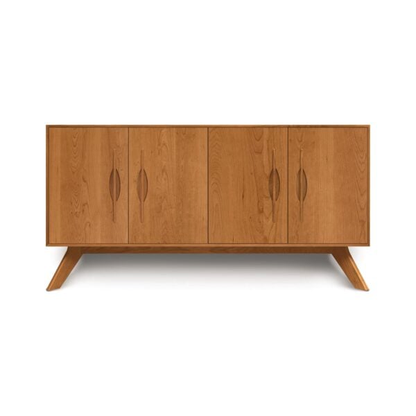 Mid-century modern wooden sideboard with four doors and tapered legs.