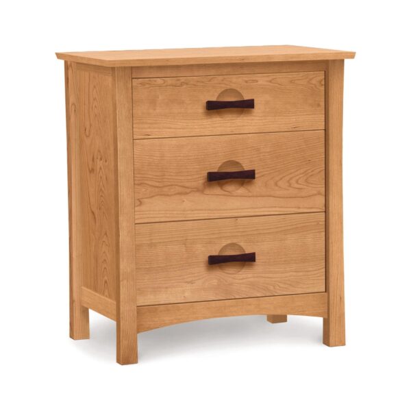 Light wood three-drawer nightstand with dark brown wooden pulls.