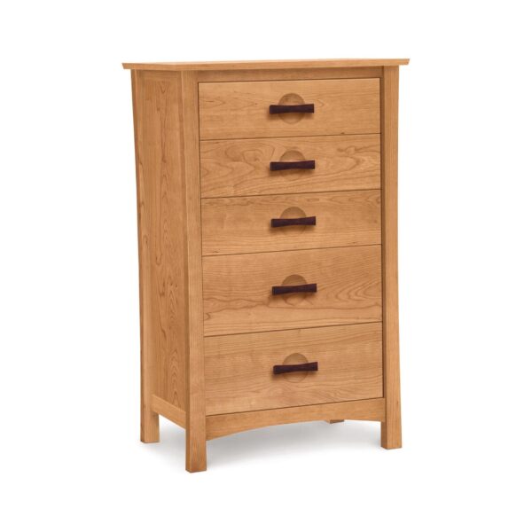 Modern wooden highboy dresser with five drawers and dark pulls.