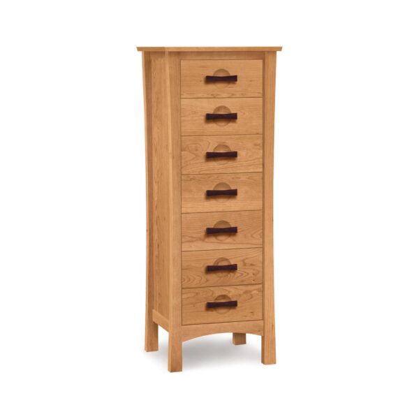 Tall light wood seven-drawer chest with dark wood handles.