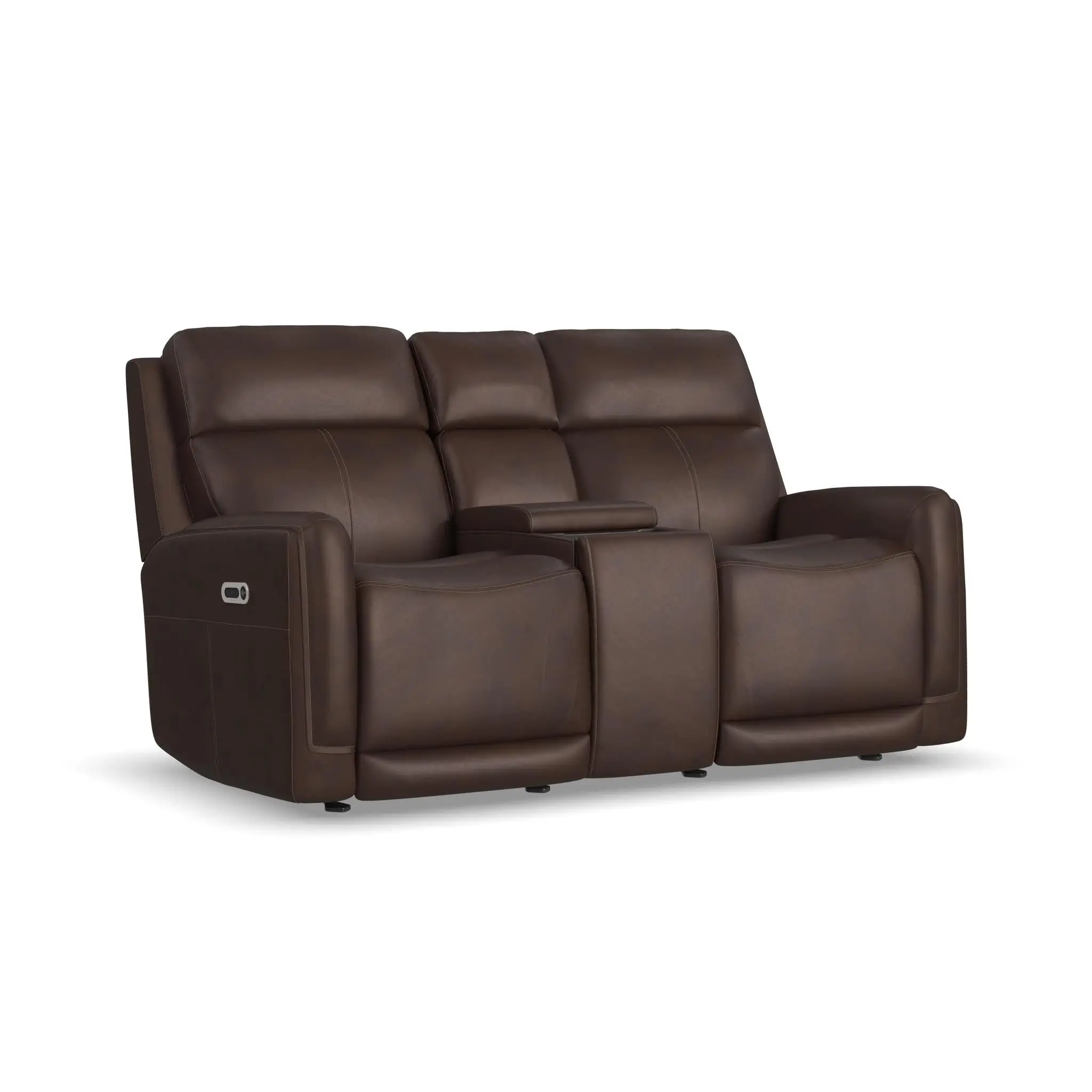de7dc67e3133c49da6b246d5434fa828 Alister Burnt Umber Leather Power Gliding Loveseat with Console, Power Headrests & Lumbar - Image 1
