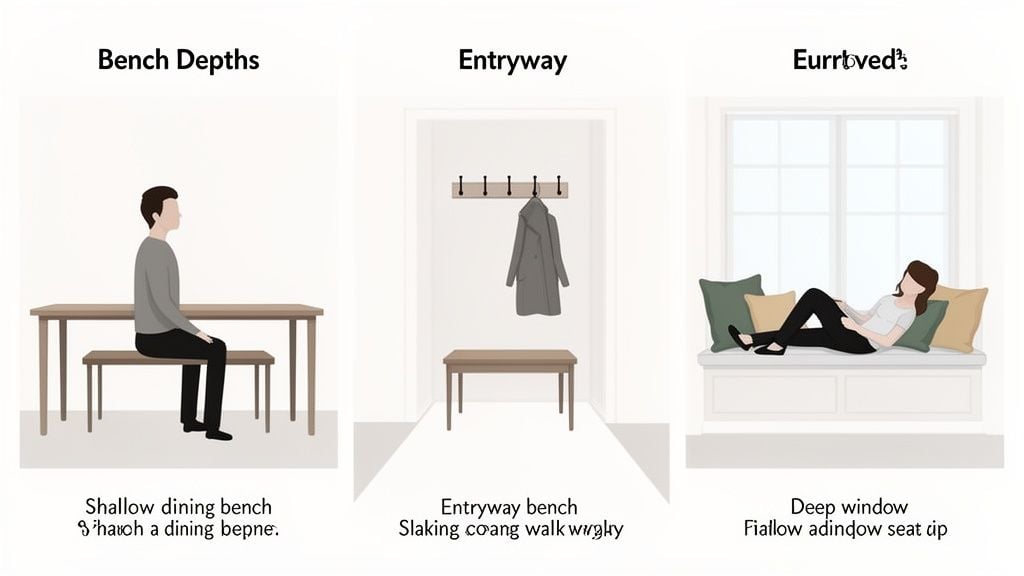 Three illustrations demonstrate different bench depths: a shallow dining bench, an entryway bench, and a deep window seat.
