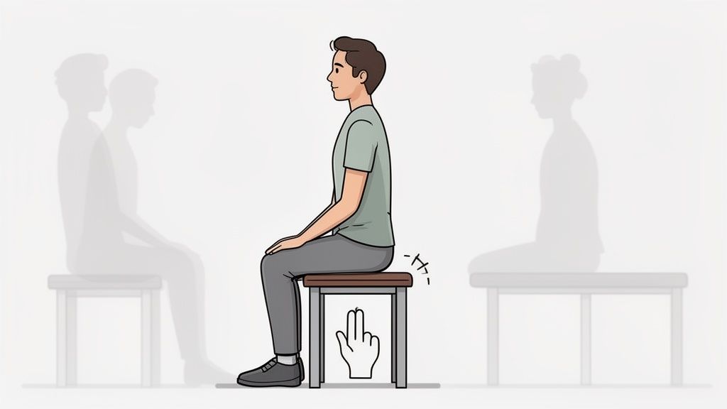 An illustration of a person sitting upright on a bench, demonstrating good posture and proper seat depth.