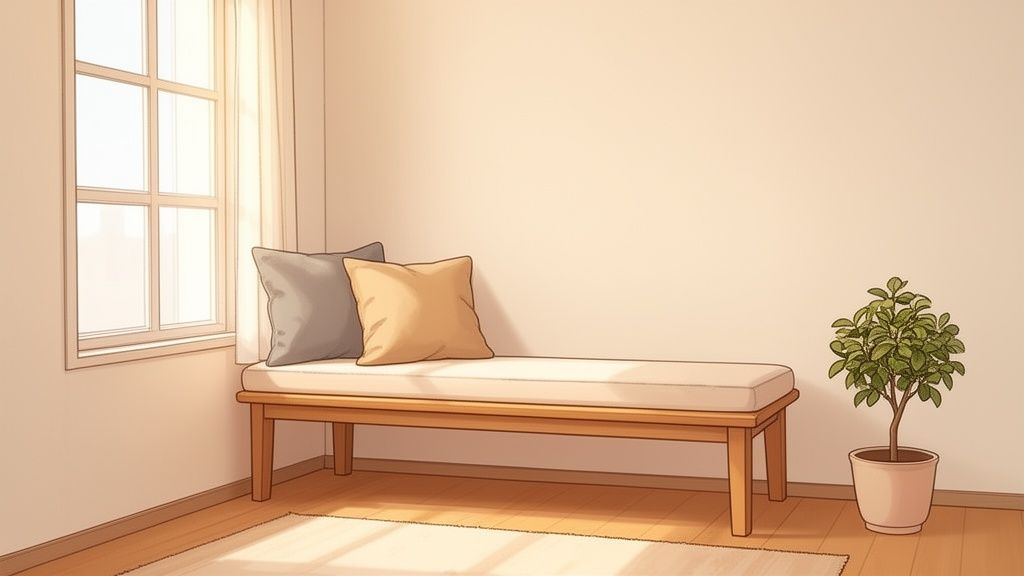 A cozy room corner with a wooden bench, pillows, a window with bright light, and a potted plant.