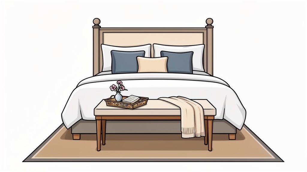 A cozy bedroom with a neatly made bed, beige headboard, blue pillows, and a foot bench with decor.