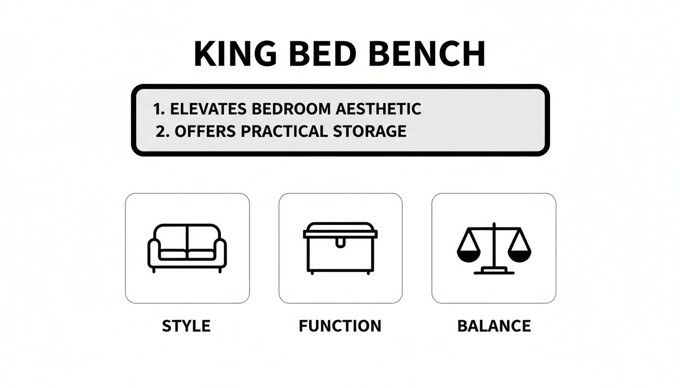 Infographic showing a king bed bench with style, function, and storage benefits for bedrooms.