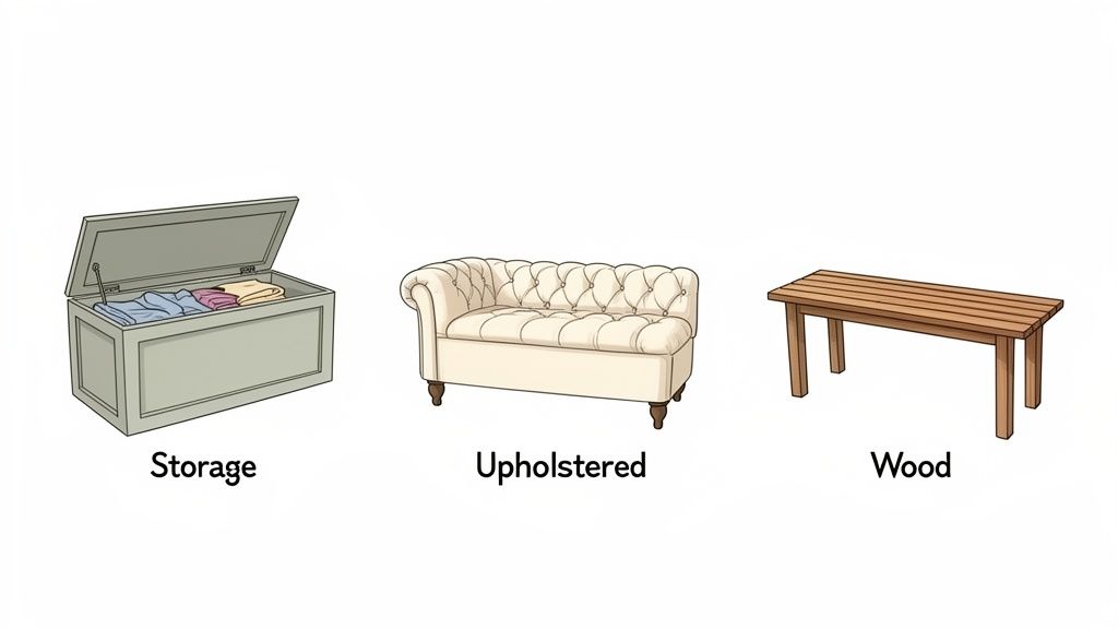 Different bench styles are shown, including a storage chest, an upholstered sofa, and a wooden bench.