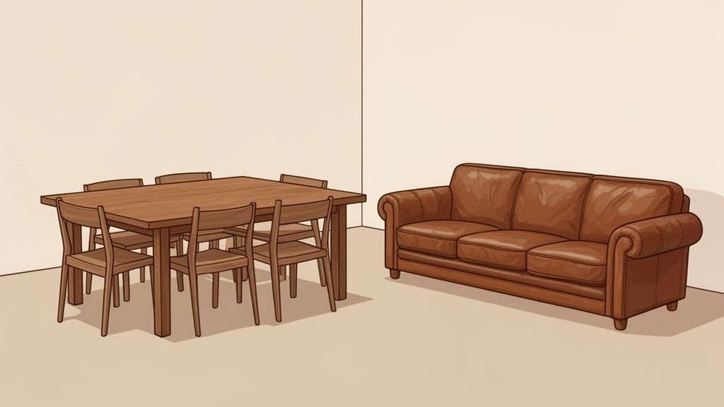 A simple illustration of a brown wooden dining table with six chairs and a brown leather sofa in a room.