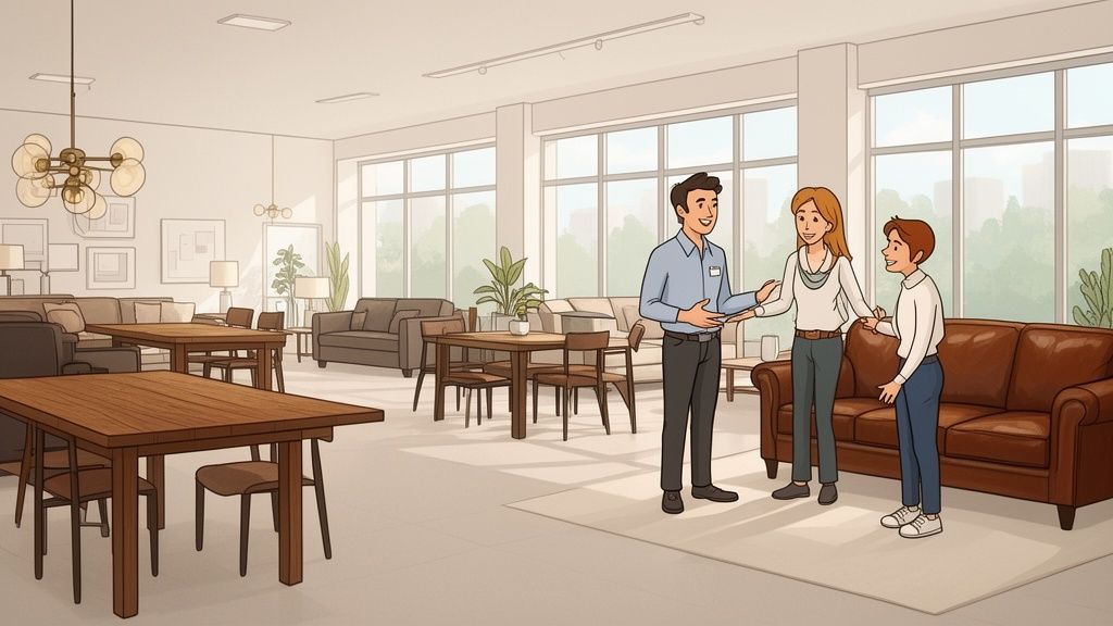 A friendly salesperson assists a family looking at couches and dining sets in a spacious furniture showroom.