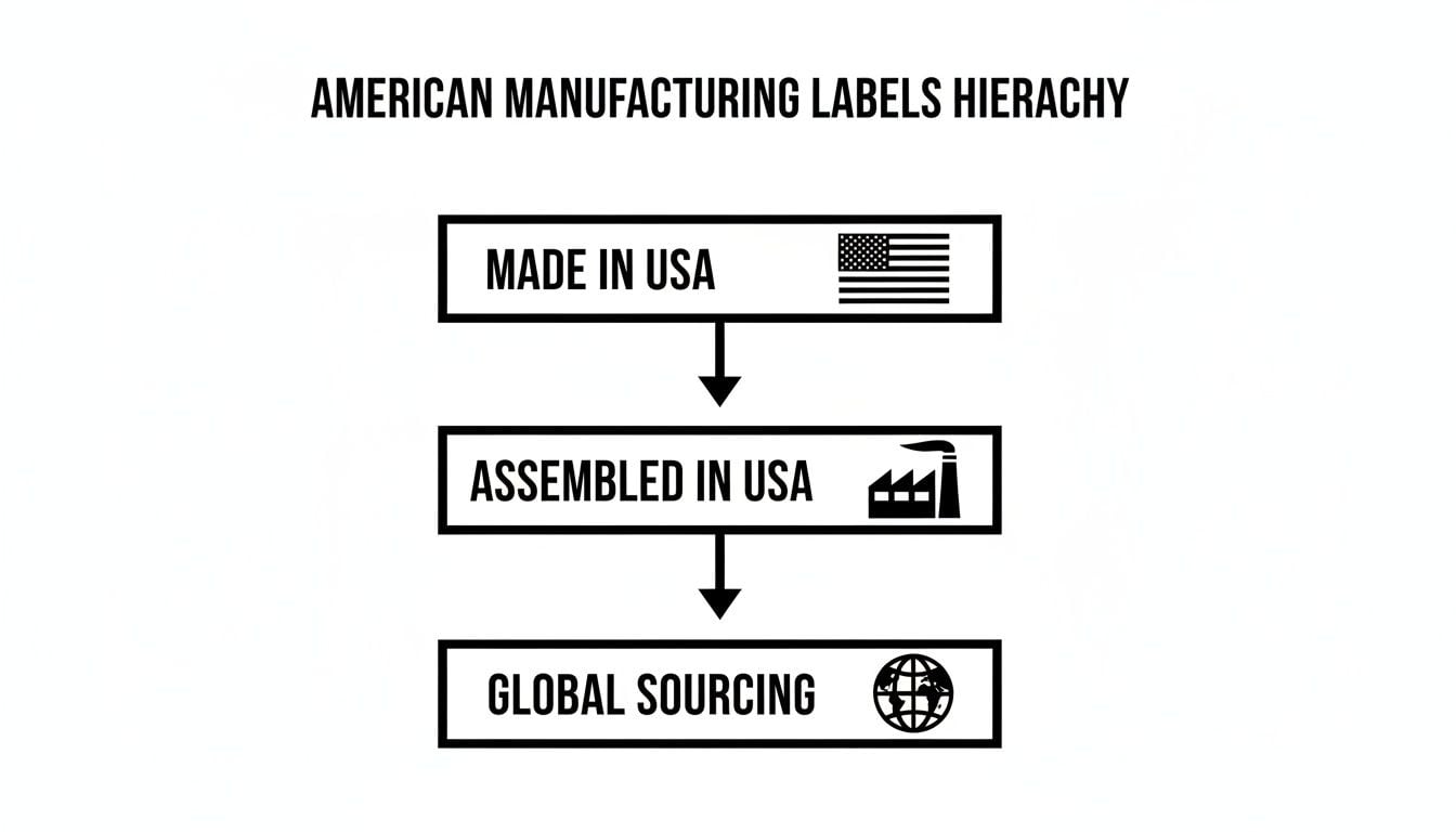 A hierarchical chart illustrating American manufacturing labels: Made in USA, Assembled in USA, and Global Sourcing.