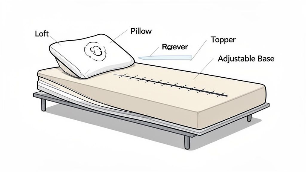 An illustrative diagram of an adjustable bed with a pillow, mattress topper, and adjustable base.
