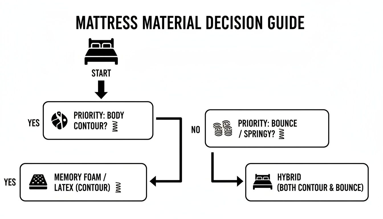 Flowchart guiding mattress material choice based on body contour, bounce, or hybrid preferences.
