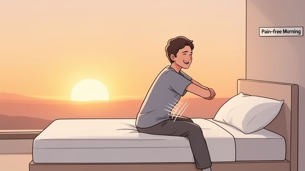 A happy man stretches on a bed during a pain-free morning sunrise, feeling relief.