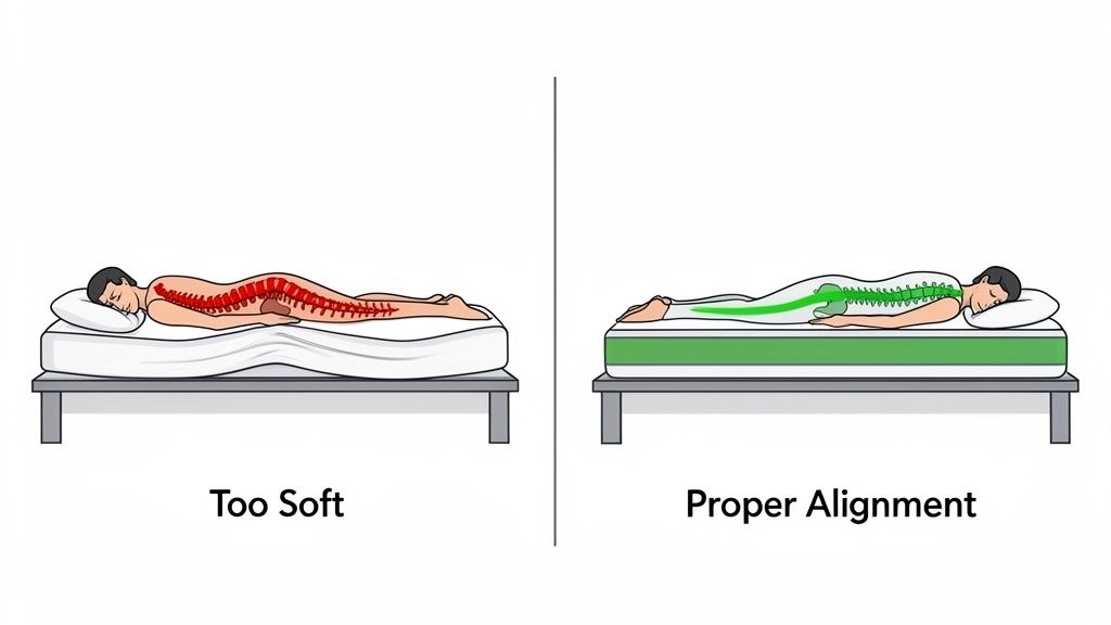 Illustration showing poor spinal alignment on a too-soft mattress versus proper alignment on a supportive mattress.